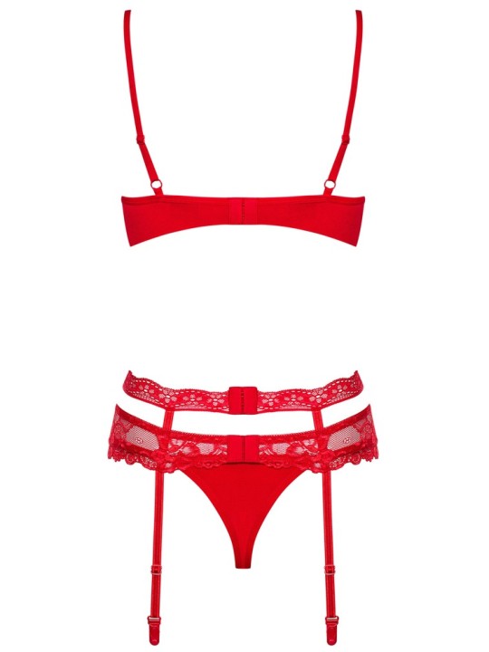 Reggiseno, reggicalze e perizoma rio in un set di seduzione in 3 pezzi con pizzo nobile e gioielli scintillanti di strass